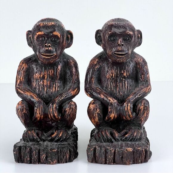 Monkey Bookends Heavy Resin Brushed Bronze Look 7" - Picture 1 of 10